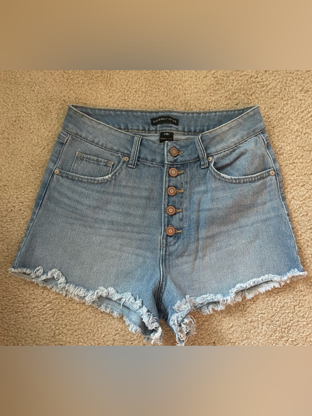 Sincerely Jules Light Blue Button-Front Frayed Denim Shorts